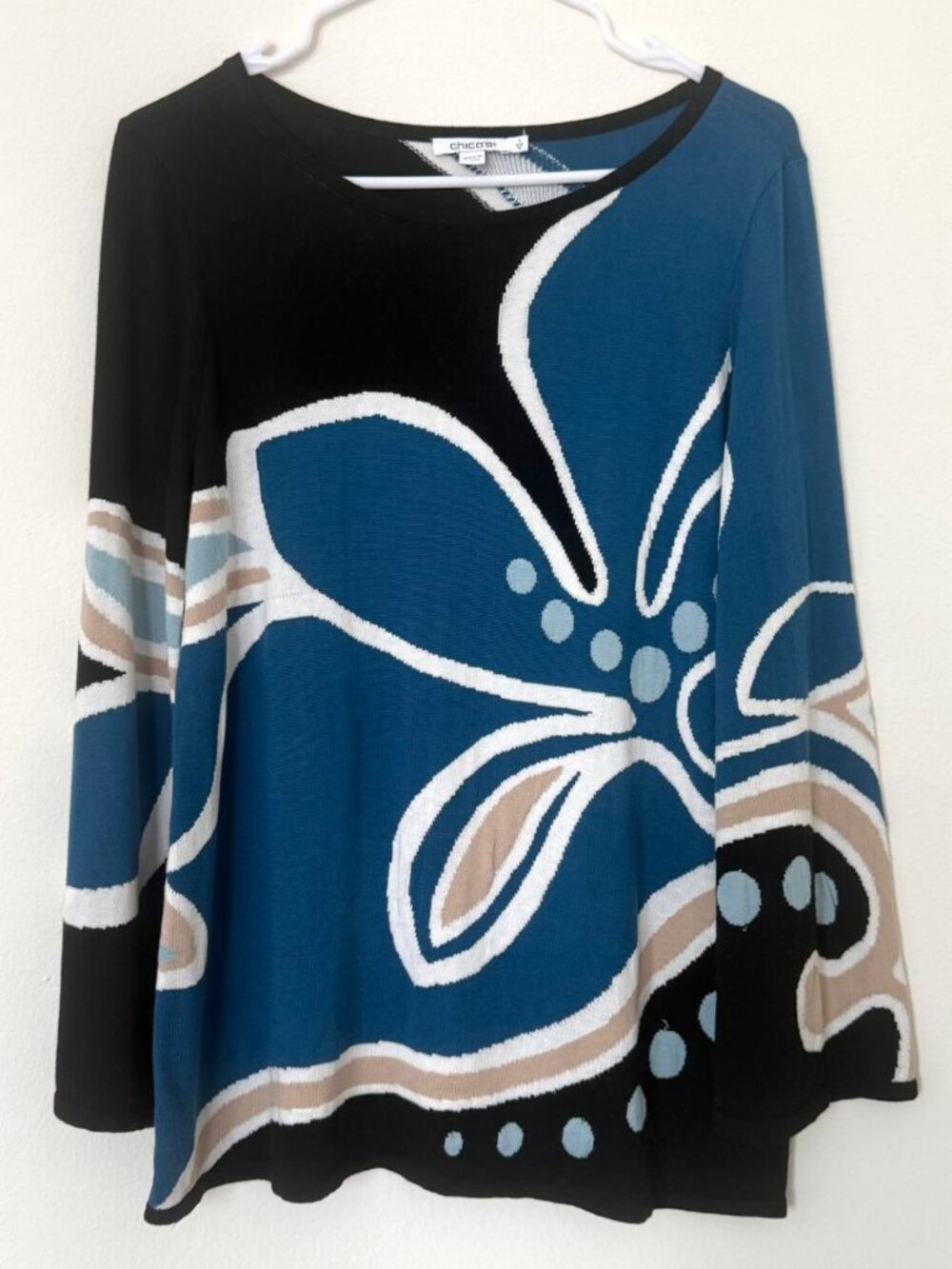 Chico’s Abstract Floral Print Knit Tunic Top Blue Black Size 1 Medium